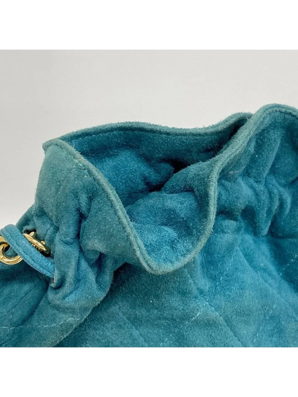 Chanel Shoulder Bag Quilted Suede Turquoise Blue Gold